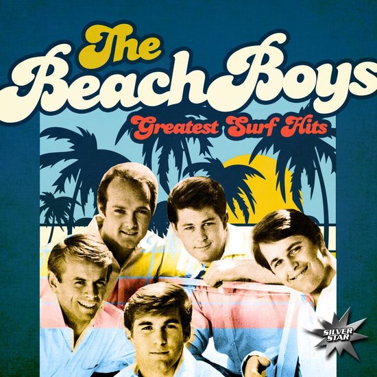 Hoes van The Beach Boys "Greatest Surf Hits" met vijf mannen en palmbomen op de achtergrond.