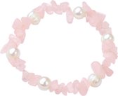 Zoetwater parel armband met edelsteen Pearl Rose Quartz Chip - echte parels - rozenkwarts - elastisch