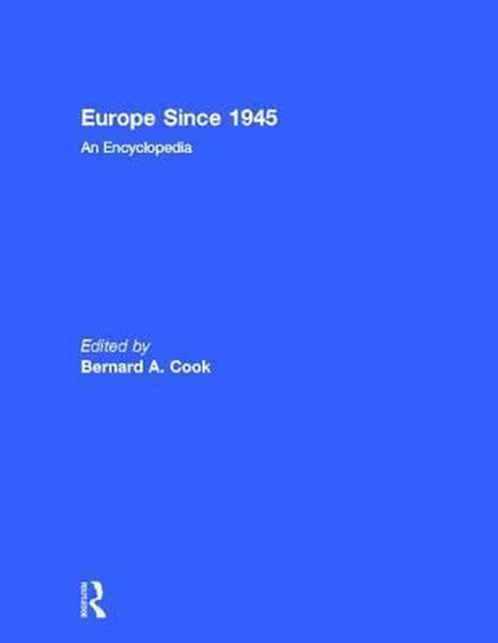 Couverture de livre 'Europe Since 1945: An Encyclopedia', rose avec texte blanc.