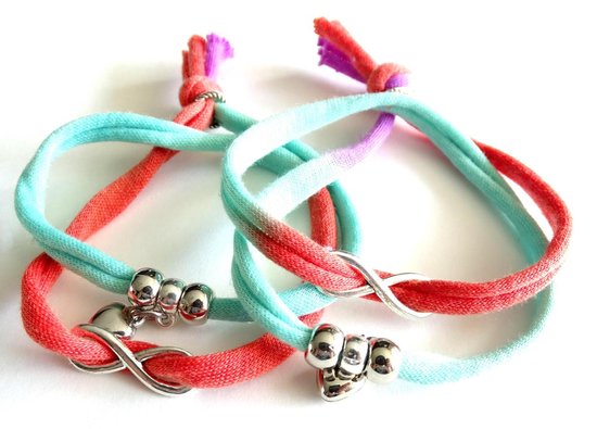 2 Love it Twin Infinity Powerfull - Bracelet - Bracelets d'amitié - Par 2 - Textile gerycyclé - 50 CM de long - Élastique -Bleu - Vert - Violet - Orange - Rouge - Argenté