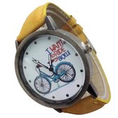 Hidzo Horloge I Want To Ride My Bicycle ø 37 mm - Geel - Kunstleer