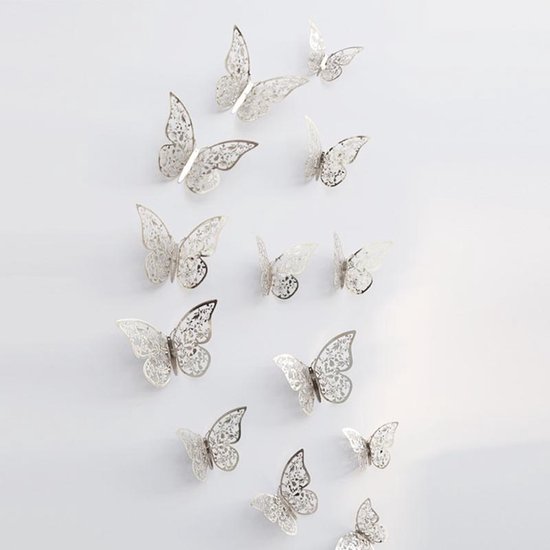 3D Vlinders Muurstickers | Zilver | 12 stuks |Kinderkamer  | Slaapkamer | Wanddecoratie