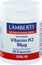 Witte pot met blauw en rood etiket. Lamberts High Potency Vitamin K2 90µg, 60 capsules.