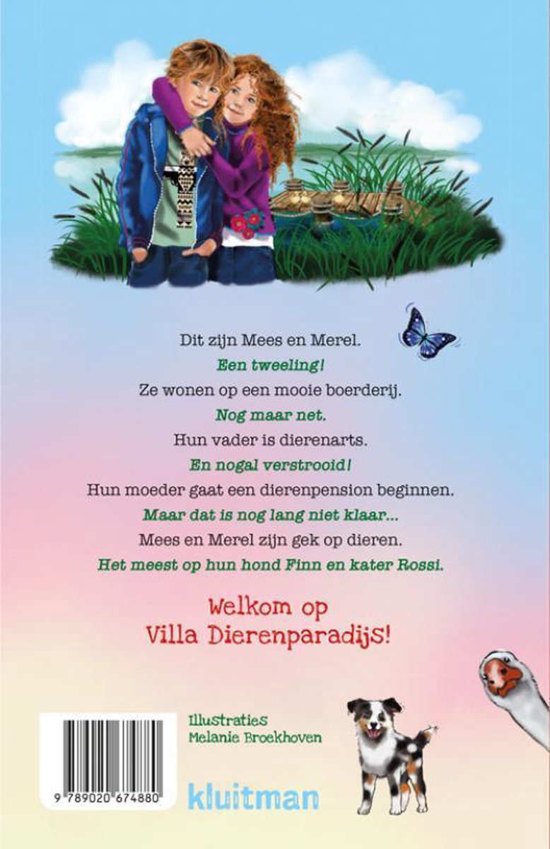 Een jongen en een meisje met rode krullen, zittend op een houten vlonder, met op de achtergrond riet en een wolkige lucht. Rechtsonder een hond en een gans.