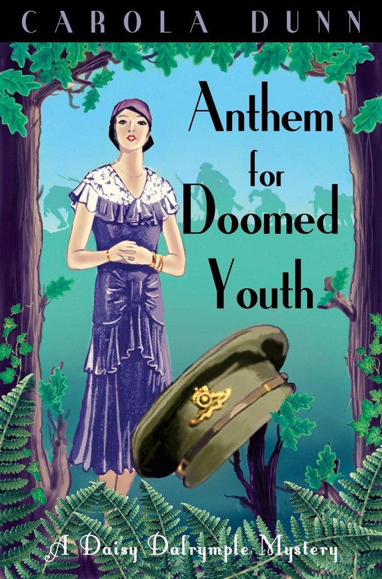 Boekomslag 'Anthem for Doomed Youth' met een vrouw in een paarse jurk en een militair petje.