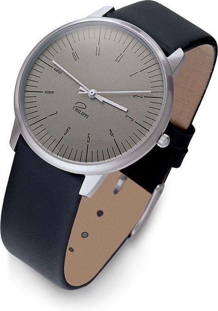 Philippi Design Horloge Heren - TEMPUS MG1- Grijs - Zwart - Ø 45mm - Leer - RVS