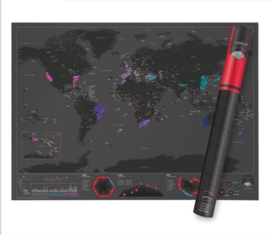 Foto: Uitgebreide en luxe kraskaart van de wereld met geografische en demografische informatie