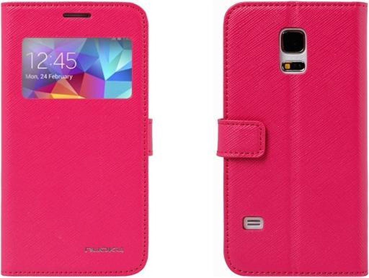 Echt Leer cover Nuoku - Samsung Galaxy S5 Mini S-View Flip case cover hoesje Pink / Roze