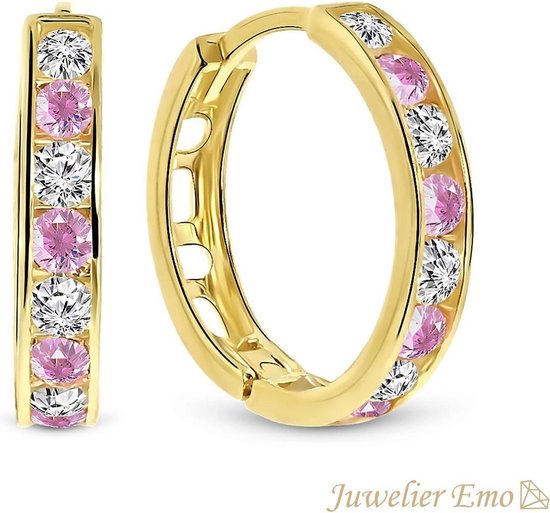 Juwelier Emo - 14 Karaat Gouden Kinderoorbellen meisje met Roze Zirkonia stenen - KIDS - 15 mm