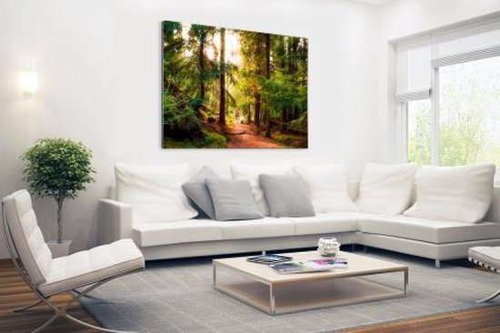 Aluminium schilderij 120x90 cm - Wanddecoratie metaal - Bos - Pad - Bomen - Groen - Zon - Natuur - Metalen muurdecoratie woonkamer - Decoratie industrieel - Foto op dibond - Industriële accessoires slaapkamer