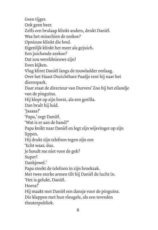 Pagina 8 met tekst over Daniël die zich verkleedt als gorilla en een dansje doet.