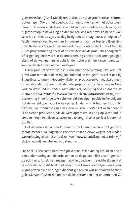 Pagina met tekst over ondernemerschap, entertainment en de ervaringen van de schrijvers.