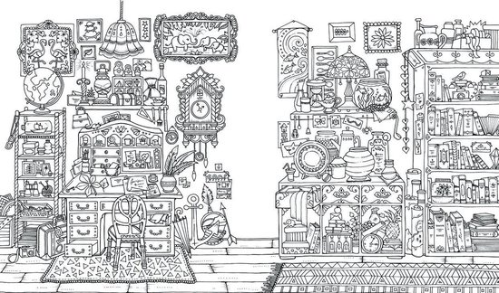 Een gedetailleerde tekening van een rommelige werkkamer met boekenplanken, een bureau, een klok, een wereldbol en diverse decoraties.