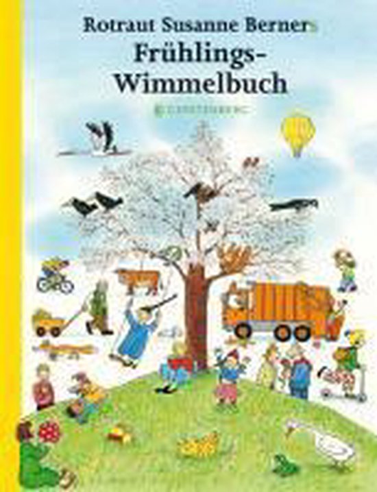 Boek 'Frühlings-Wimmelbuch' van Rotraut Susanne Berner. Een vrolijke lente-illustratie met kinderen die spelen, een vuilniswagen, dieren en een luchtballon.