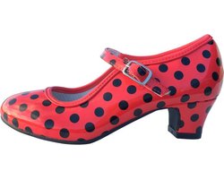 foto van Spaanse schoenen rood zwart glossy maat 30 (binnenmaat 19,5 cm) bij jurk verkleedkleren meisje
