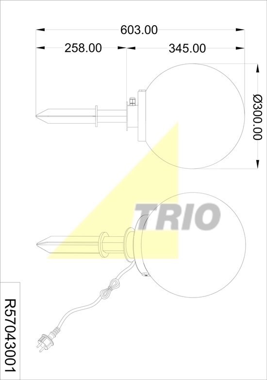 Technische tekening van een grondspot met afmetingen: totale lengte 603 mm, grondpen 258 mm, lampenkap diameter 300 mm.