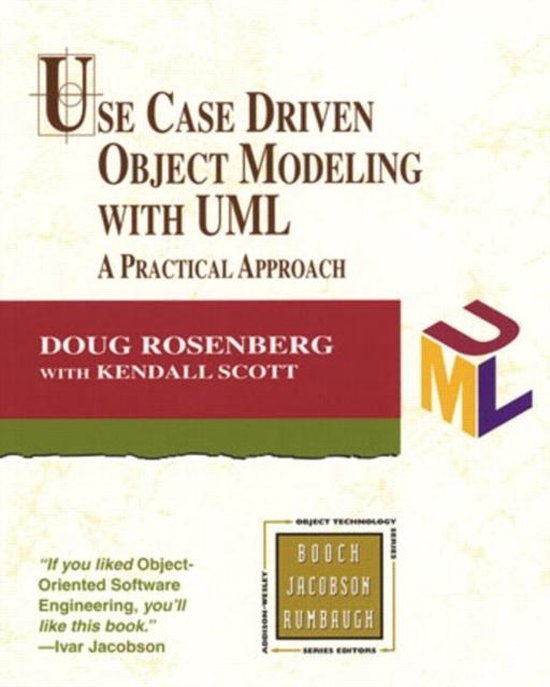 Boek 'Use Case Driven Object Modeling with UML A Practical Approach' van Doug Rosenberg met Kendall Scott, met UML-logo.