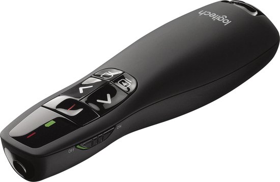 Zwarte Logitech R400 presentatie-afstandsbediening met rode laserpointer en navigatieknoppen.