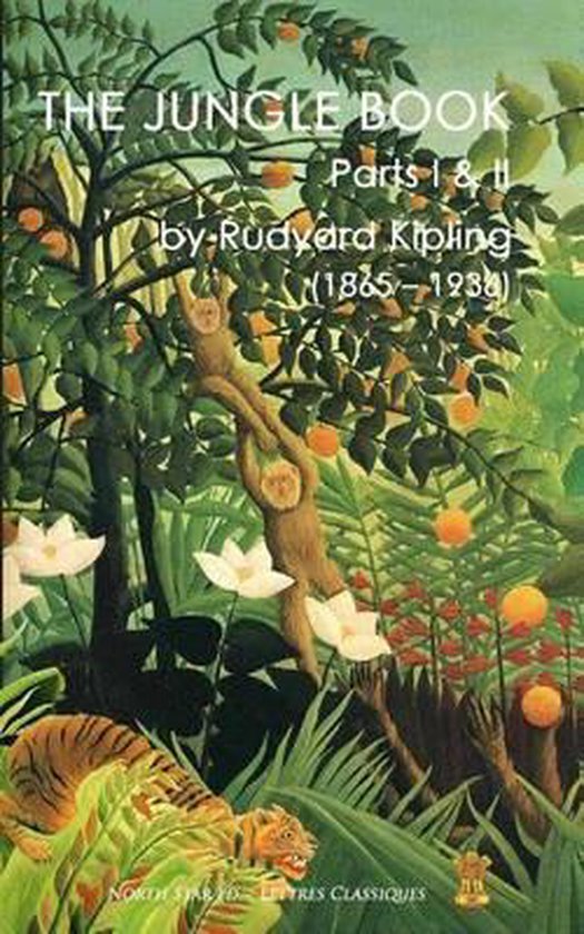 Couverture du livre "The Jungle Book" avec un tigre et des singes dans une jungle verte luxuriante avec des fruits oranges.