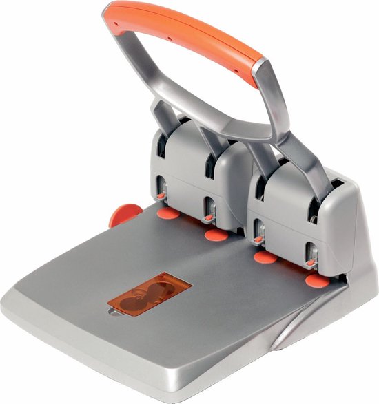 Een zilveren en oranje perforator met een grijze basis en een oranje handvat.