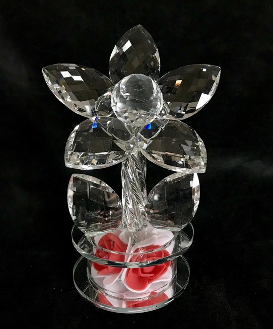 Fleur en verre Krisrtal avec éclairage et 4 roses 11x8.5x16.5cm Verre en cristal parfait et exquis (en verre cristal K9 supérieur) fabriqué à la main.