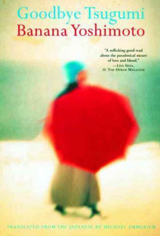 Boekomslag van Goodbye Tsugumi van Banana Yoshimoto, met een vrouw met rode paraplu en blauwe hoed.