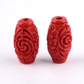 Natuurstenen kralen, rood Cinnabar, handgesneden kralen van 17,5x9,5mm. Verkocht per 25 stuks