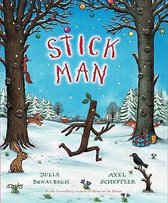 Boekomslag 'Stick Man' met een wandelende takkenman in besneeuwd bos met dieren.