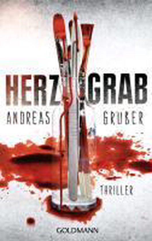 Boek 'Herzgrab' van Andreas Gruber, thriller. Verfkwasten met bloedvlekken op de voorkant.