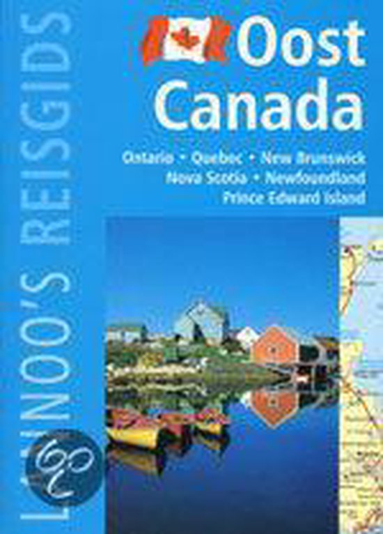 Oost Canada reisgids met de Canadese vlag en een foto van huizen aan het water, met boten op de voorgrond.