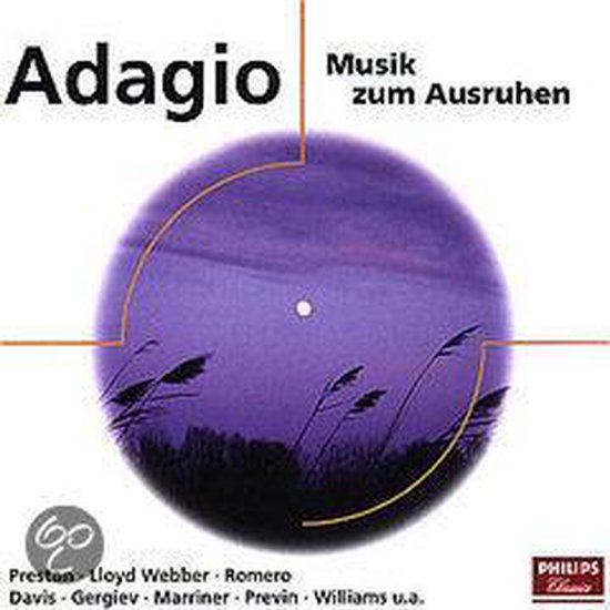 Cd-hoes met de tekst 'Adagio Musik zum Ausruhen' en een paarse cirkel met wuivend gras.