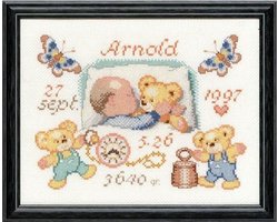 Pako Borduurpakket geboorte- tel patroon met codekaart- Baby met teddybeertjes geboortetegel- 225.291 - voorgesorteerd garen- Aida - 23 x 27 cm - DIY kit