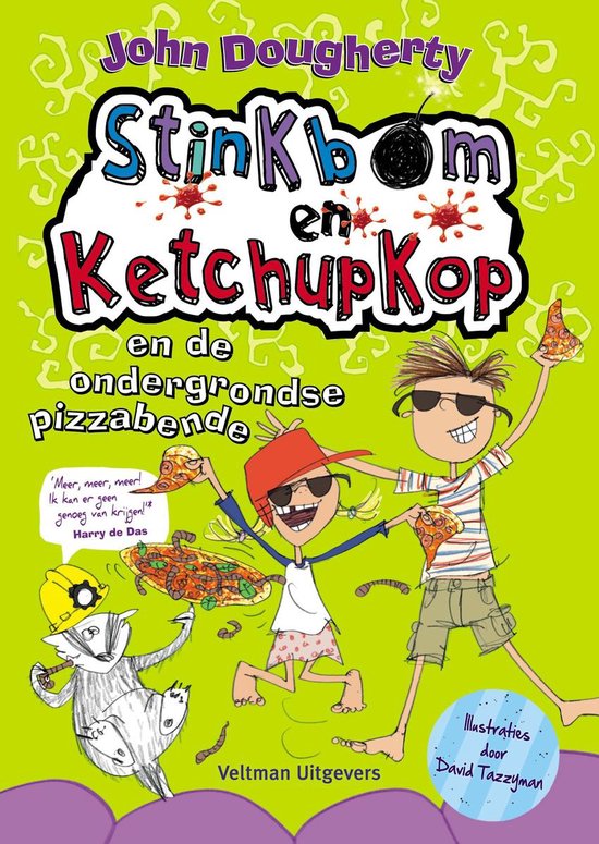 Boekomslag 'Stinkbom en ketchupkop en de ondergrondse pizzabende' met drie vrolijke kinderen en een das, vol met pizza.