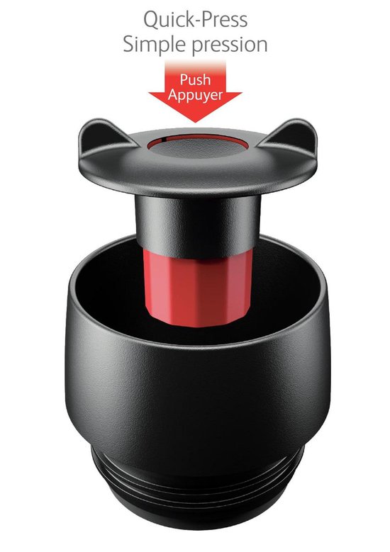 Gedemonteerd zwart deksel met rood accent, met tekst 'Perfect Clean Facile à Nettoyer'.