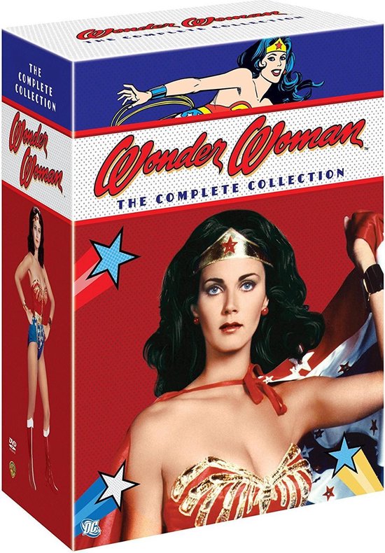 Wonder Woman complete collectie boxset met Lynda Carter als Wonder Woman op de voorkant, met sterren en tekst "Wonder Woman The Complete Collection".