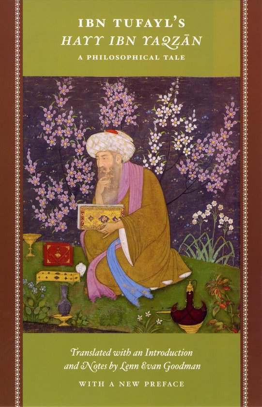 Couverture du livre Ibn Tufayl's Hayy Ibn Yaqzan. Un homme barbu, portant un turban, vêtu d'une robe ocre et d'une écharpe rose, est assis sur l'herbe sous des arbres en fleurs, tenant un livre.