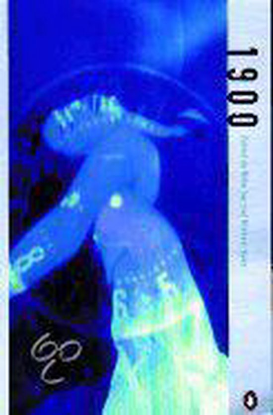 Boek "1900" met een afbeelding van een vrouw in blauw en groen fluorescerend licht.