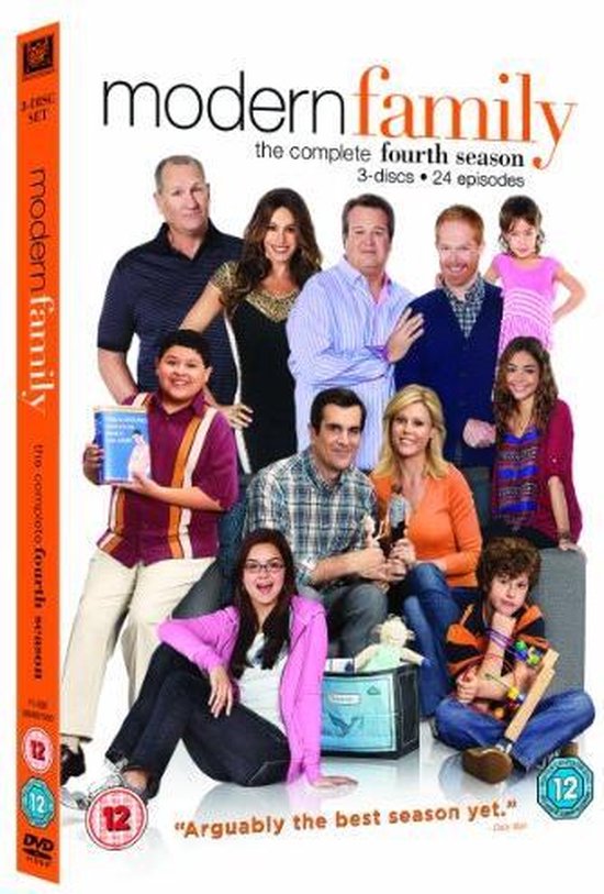 Cast van Modern Family seizoen 4 met de titel erop.