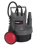 Grijze Powerplus dompelpomp met rode vlotterschakelaar, zwarte basis en kabels.