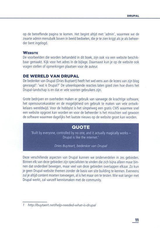 Pagina uit een boek over Drupal met de secties "Website", "De wereld van Drupal" en een citaat van Dries Buytaert.