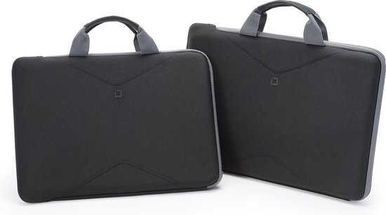 Deux sacoches d'ordinateur portable noires avec poignées et bords gris.