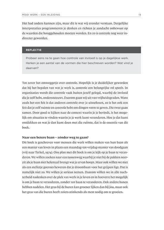 Pagina 13 van het boek 'Mooi Werk' met tekst over werk, controle en job crafting.