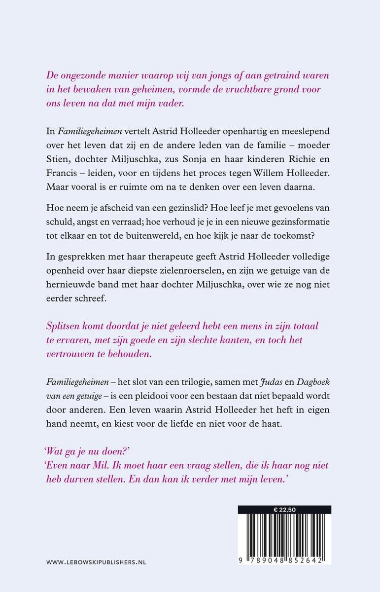 Boekomslag 'Familiegeheimen' met tekst over opvoeding en geheimen. Prijs € 22,50.