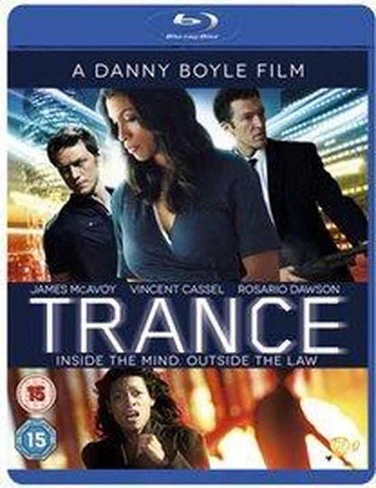 Voorzijde van een Blu-ray hoesje voor de film Trance, met James McAvoy, Vincent Cassel en Rosario Dawson.