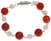 Zoetwaterparel met edelstenen armband Pearl Red Agate Ball - echte parels - agaat - wit - rood - zilver - magneetslot