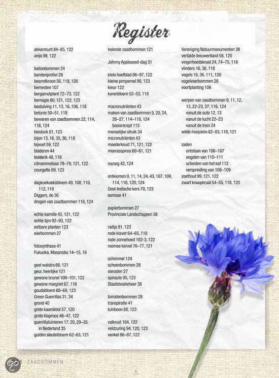 Registerpagina van een boek met een blauwe bloem en de tekst 'ZAADBOMMEN'.