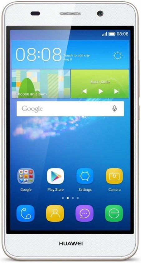 Witte Huawei smartphone met gouden rand. Het scherm toont de tijd 08:08 en diverse apps.