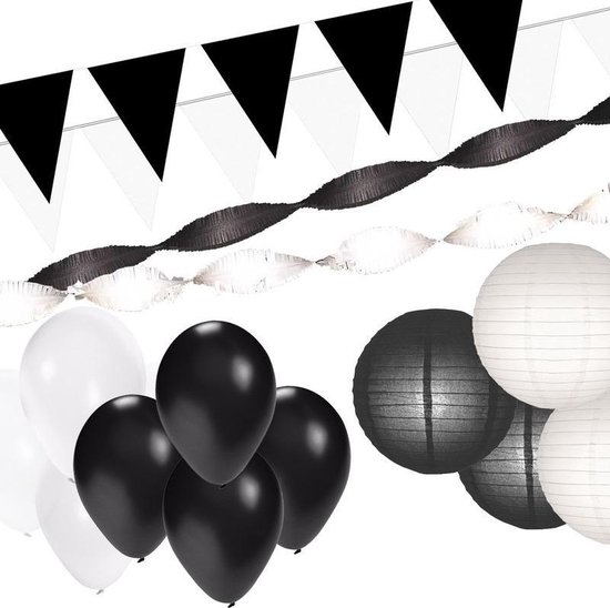 Zwart/Witte versiering pakket XXL - slingers / vlaggenlijnen / lampionnen  en ballonnen | bol.com
