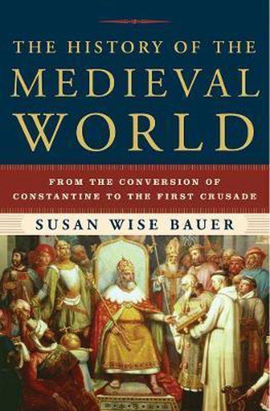 Boek "The History of the Medieval World" met een afbeelding van een koning op een troon, omringd door soldaten en geestelijken.