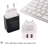 Olesit 3.4A 17W Fast Charge Adapter 2 Poort Lader Snellader Micro USB Oplader 2 Poorten + Micro USB Kabel 3 Meter Fast